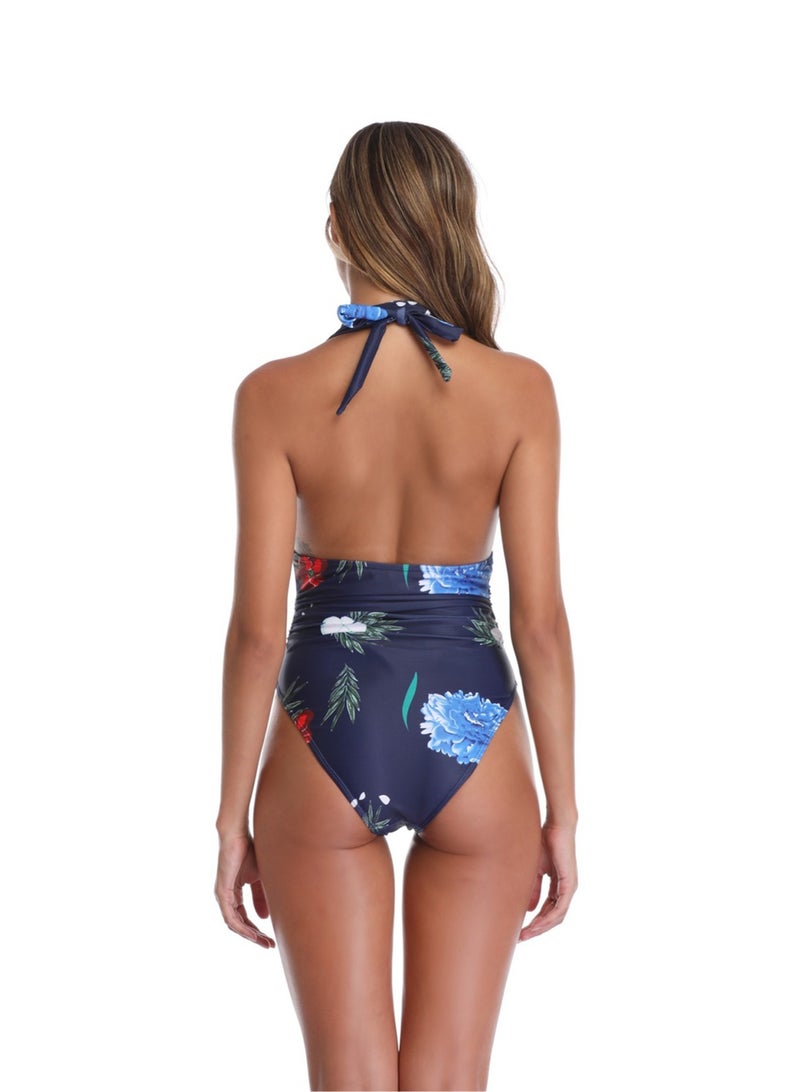 Dark Blue Floral Printed One-piece Swimwear Women Halter Deep V-neck Backless Bikini Lady Summer Beach Wear  - Image 4