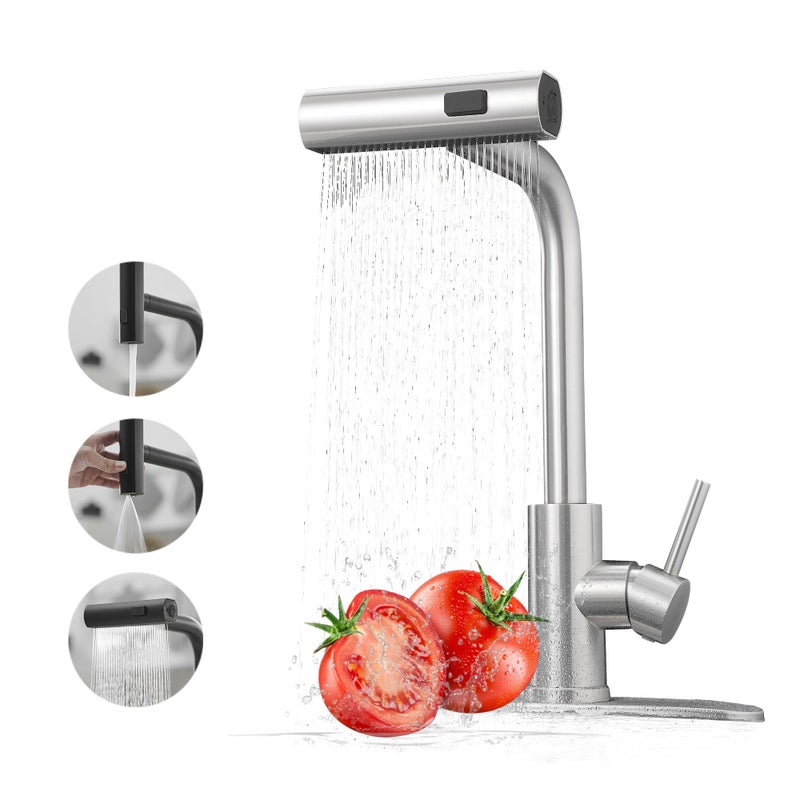 JOOM Kitchen Faucets with Pull Down Sprayer,Waterfall Kitchen Sink Faucet,Commercial Utility Stainless Steel Kitchen Faucets,Single Handle Kitchen Sink Faucet with Pull Down Sprayer for 3 Function,Brushed - Image 1