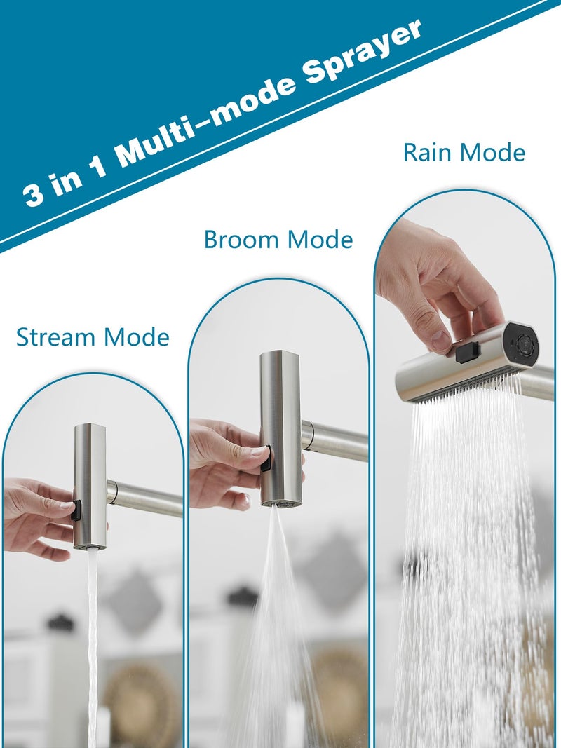 JOOM Kitchen Faucets with Pull Down Sprayer,Waterfall Kitchen Sink Faucet,Commercial Utility Stainless Steel Kitchen Faucets,Single Handle Kitchen Sink Faucet with Pull Down Sprayer for 3 Function,Brushed - Image 2