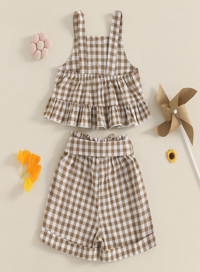 Giraropa Toddler Girl Outfits Set Ruffled Button Strap Crop Tops Plaid Shorts Set Matching Bowknot Belt Summer Clothes Set (Coffee, 2-3T) - Image 4