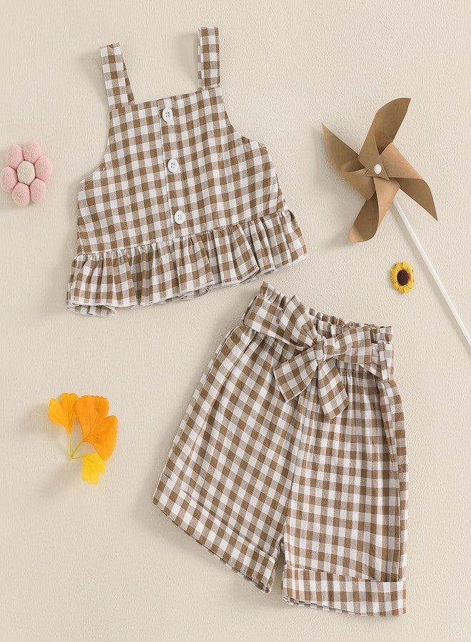 Giraropa Toddler Girl Outfits Set Ruffled Button Strap Crop Tops Plaid Shorts Set Matching Bowknot Belt Summer Clothes Set (Coffee, 2-3T) - Image 3