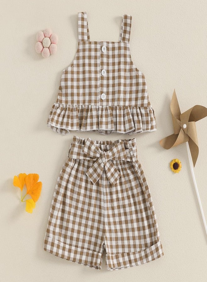 Giraropa Toddler Girl Outfits Set Ruffled Button Strap Crop Tops Plaid Shorts Set Matching Bowknot Belt Summer Clothes Set (Coffee, 2-3T) - Image 2
