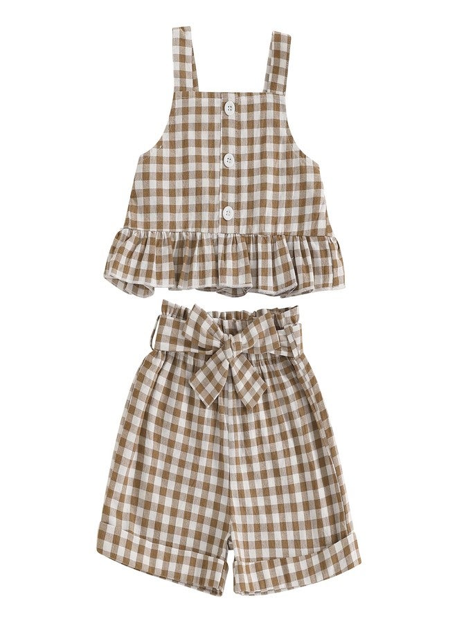 Giraropa Toddler Girl Outfits Set Ruffled Button Strap Crop Tops Plaid Shorts Set Matching Bowknot Belt Summer Clothes Set (Coffee, 2-3T) - Image 1