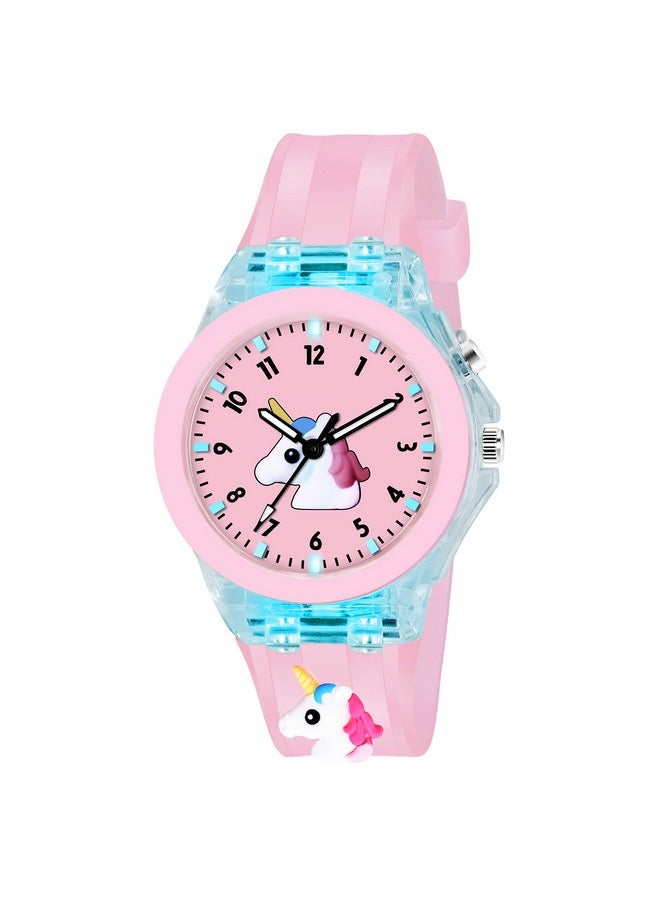 Shocknshop Shocknshop Nylon Led Luminous Child Kids Children Cute Cartoon Multi Color Lights Analogue Watch For Girls (Light Pink Colored Dial & Strap) -W327  - Image 1