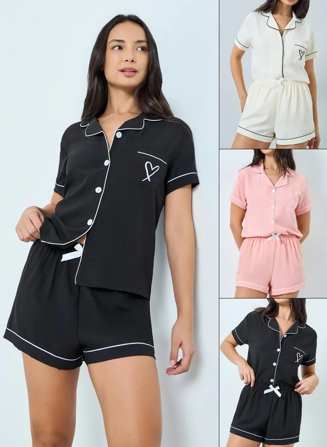 تايك تو مجموعة من 3 قطع شورت وبلوزة بأزرار وتفاصيل أنابيب