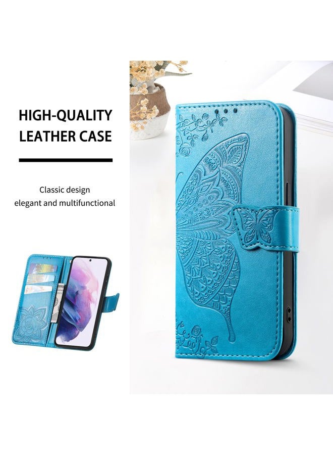NaFurAhi DiGPlus Galaxy S22 5G Mobile Cover, Phone Cases, [Butterfly & Flower Embossed] PU Leather Wallet Case Flip Protective Phone Cover with Card Slots and Kickstand for Samsung Galaxy S22 6.1-Inch (Blue) - Image 3
