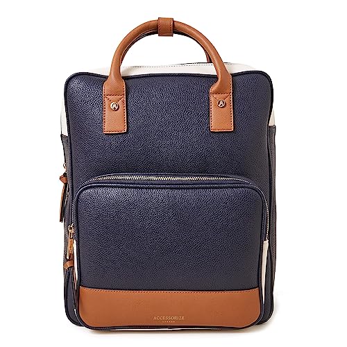 Accessorize London Women's Faux Leather Navy Blue Pocket Handle Backpack With 12" Laptop Sleeve - Image 1
