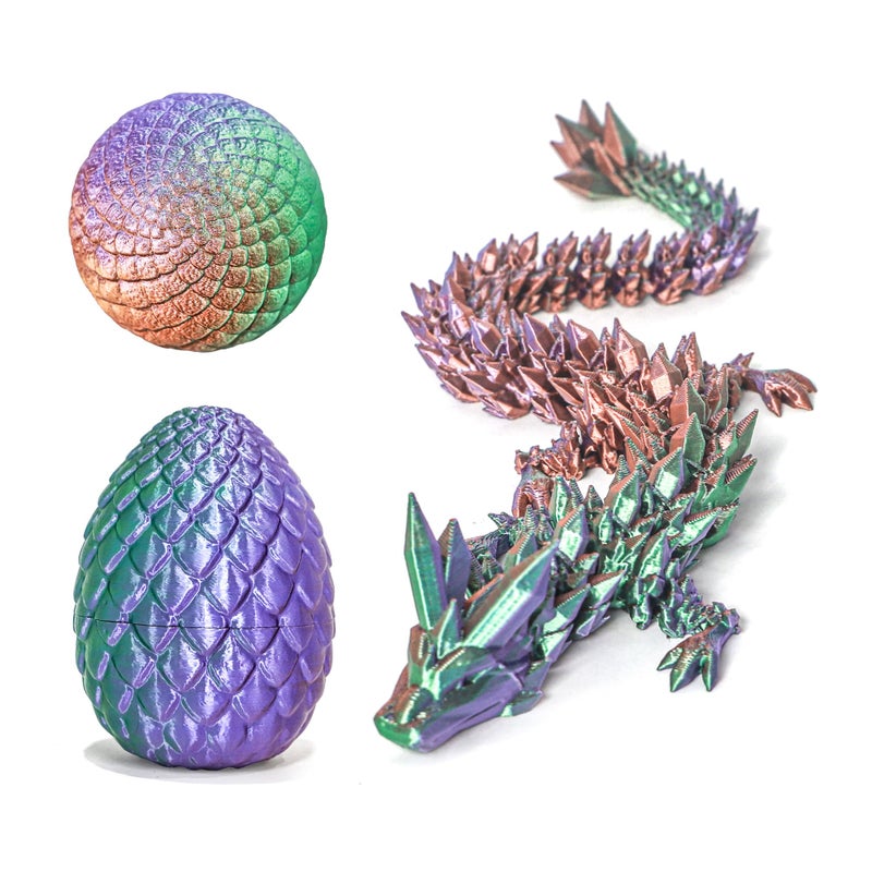Flavery 3D Printed Dragon in Egg Green Purple Copper 51 inch Tricolor Egg with Flexible Crystal Dragon Inside Colorful Fidget Toy Birthday Gift Desk Pet Figure 12 Dragon - Image 3