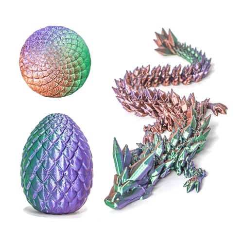 Flavery 3D Printed Dragon in Egg Green Purple Copper 51 inch Tricolor Egg with Flexible Crystal Dragon Inside Colorful Fidget Toy Birthday Gift Desk Pet Figure 12 Dragon - Image 1