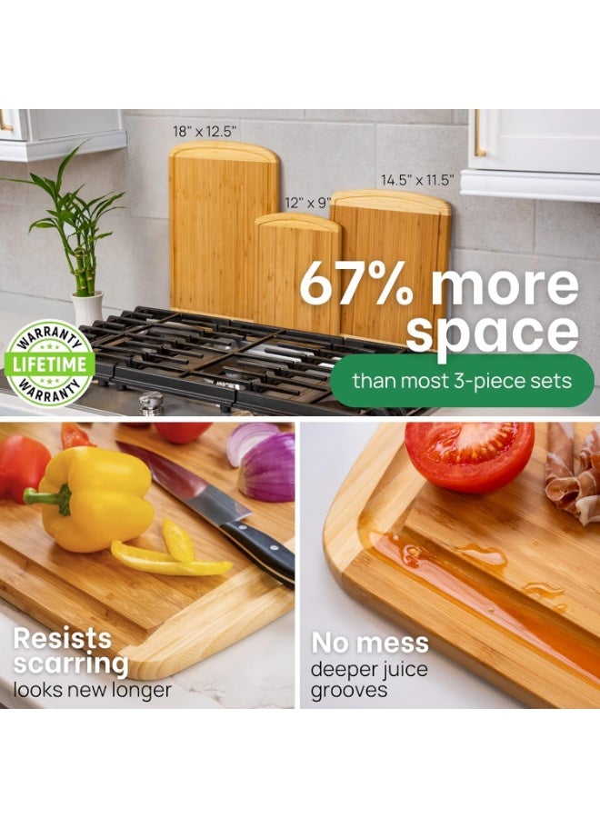 Purfex 3 Pcs Wood Cutting Board -Bamboo Cutting Board Set,Organic Wooden Cutting Boards for Kitchen with Deep Juice Groove, Side Handles - Wood Chopping Boards for Meal Prep, Meat, Vegetables - Image 3