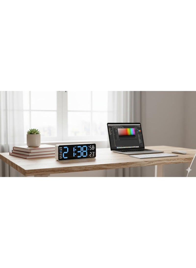 ساعة رقمية LED كبيرة بمنبه مزدوج  لغرفة النوم عرض درجة الحرارة  فرايم ابيض اضاءه (ازرق) - Image 2