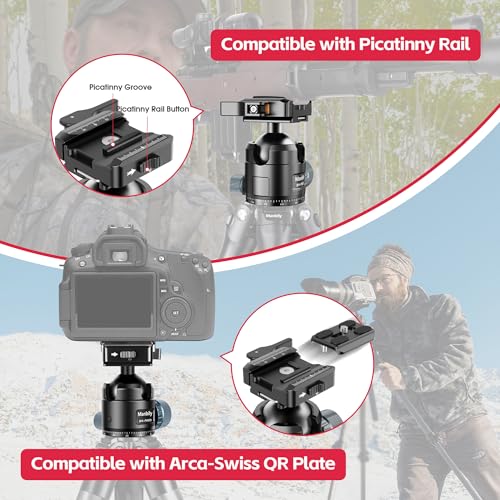 Manbily Low Profile Ball Head, 44mm Tripod Head with Picatinny to Arca-Swiss Adapter and 1/4" Quick Release Plate, CNC Aluminum 360° Head for Hunting Shooting Tripod DSLR Camera, Max Load 44lbs/20kg - Image 2