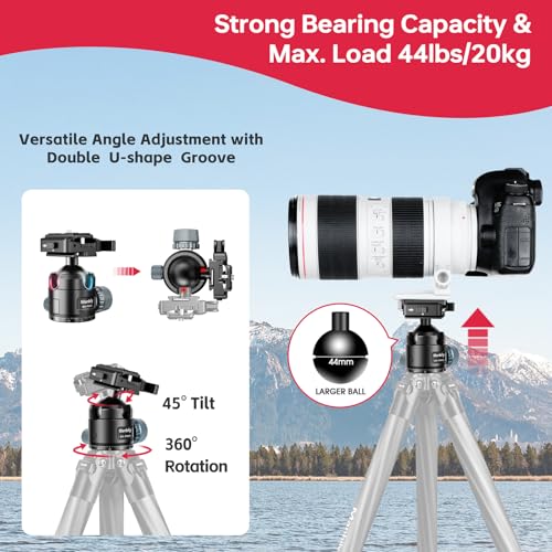 Manbily Low Profile Ball Head, 44mm Tripod Head with Picatinny to Arca-Swiss Adapter and 1/4" Quick Release Plate, CNC Aluminum 360° Head for Hunting Shooting Tripod DSLR Camera, Max Load 44lbs/20kg - Image 4