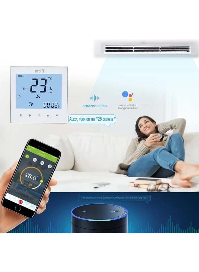 melfi Royal Apex Wifi Programmable Room AC Smart Thermostat | Energy Saving FCU Central Air Conditioner Touch Controller 95-240VAC with Alexa Echo Google Home IFTTT Support (White with Silver Frame)  - Image 2