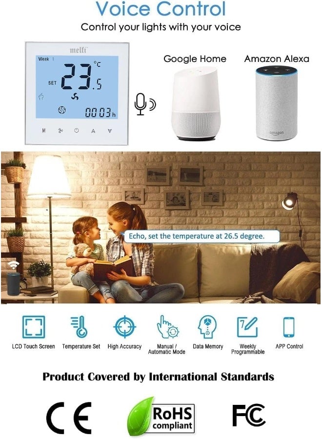 melfi Royal Apex Wifi Programmable Room AC Smart Thermostat | Energy Saving FCU Central Air Conditioner Touch Controller 95-240VAC with Alexa Echo Google Home IFTTT Support (White with Silver Frame)  - Image 3