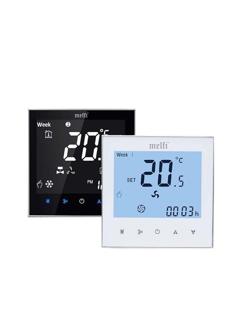 melfi Royal Apex Wifi Programmable Room AC Smart Thermostat | Energy Saving FCU Central Air Conditioner Touch Controller 95-240VAC with Alexa Echo Google Home IFTTT Support (White with Silver Frame)  - Image 1