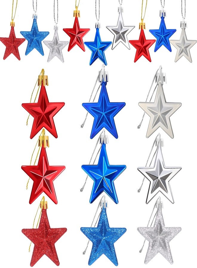 JULMELON 36Pcs Patriotic Star Ornaments Memorial Day Independence Day Labor Day Veterans Day Decorations for Home Party Christmas Tree Decor, Blue Red and Silver - Image 1