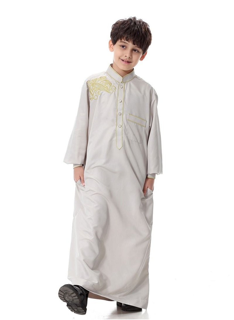 Loquat - Boys Jacquard Stand Collar Long Sleeve Abaya Robe Islamic Arabic Kaftan Silvery Grey - Image 1