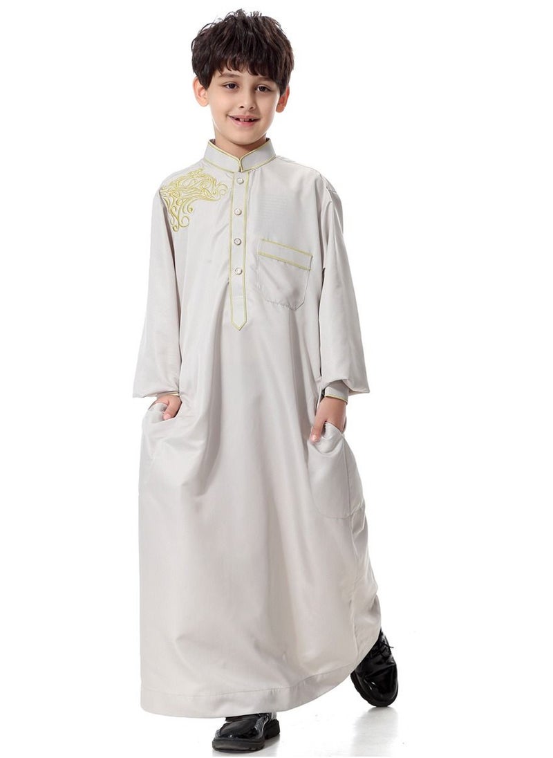Loquat - Boys Jacquard Stand Collar Long Sleeve Abaya Robe Islamic Arabic Kaftan Silvery Grey - Image 1