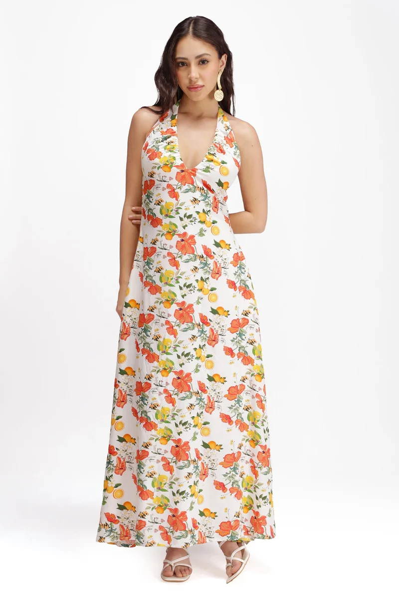 فيرجيو Floral Viscose Halter Neck Maxi Dress for Women