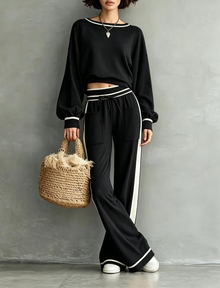 2026 Autumn/Winter Casual Solid Color Two-Piece Set: Round Neck Long Sleeve Sweatshirt & Wide Leg Drawstring Sweatpants - Black