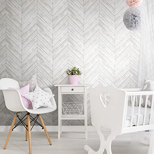 RoomMates RMK11453WP White Herringbone Wood Boards Peel and Stick Wallpaper - Image 4