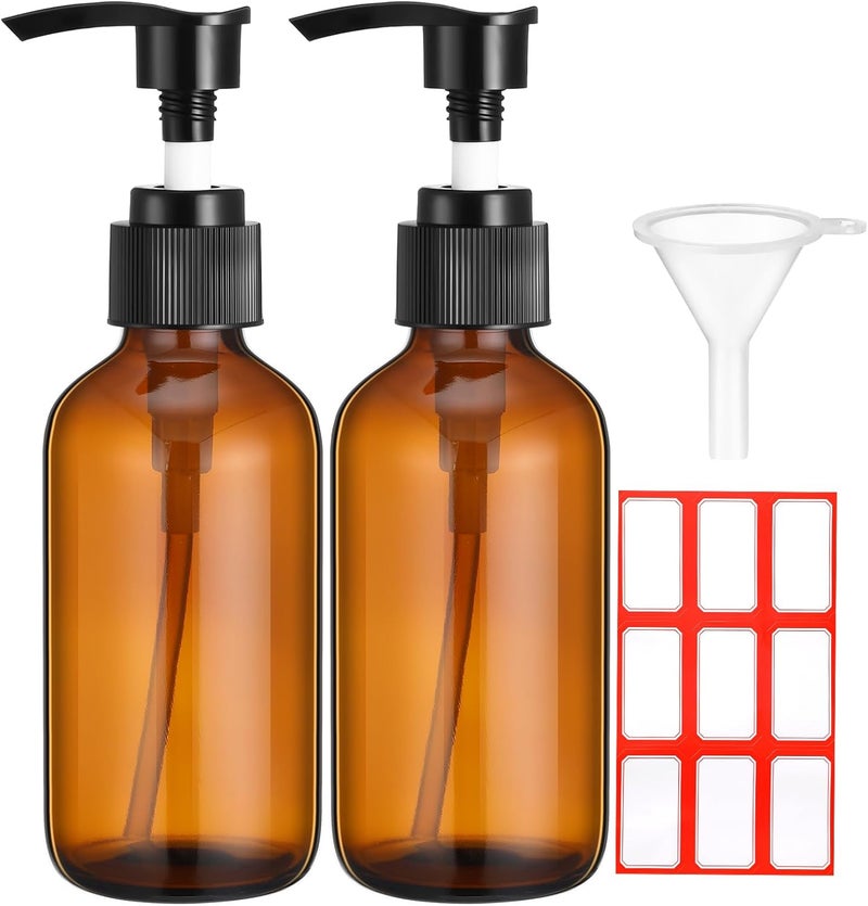 Fumete 2 Pack Glass Bottles 4oz Empty Refillable Liquid Containers with 1 Label 1 Funnel for Essential Oils Hair Travel Plants Cleaning Skin Care(Amber, Black Top,Pump Bottle)