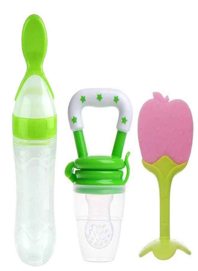 Lappu Baby Rice Paste Milk Cereal Bottle Food Feeder 90ml & Baby Fruit Nibbler & Silicone Teether (Combo Saver Pack) (Green-Green-Apple) - Image 1