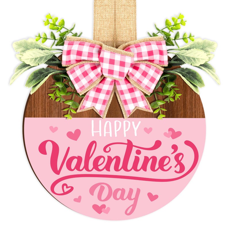 Britimes Happy Valentineâ€™s Day Welcome Door Sign Valentineâ€™s Day Round Wooden Hanging Decorations Pink Romantic Rustic Farmhouse Front Door Sign Wall Art Decor for Home Wedding Outdoor - Image 1
