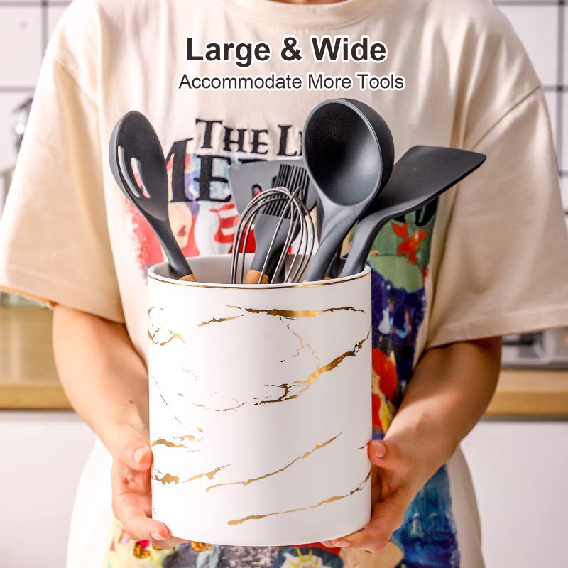 Howise 7" Marble Utensil Holder, Large Kitchen Utensil Holder Organizer , Golden Marble White Stable Utensil Crock Spatula Holder for Kitchen Counter Countertop Farmhouse Cooking Tools Holder - Image 4