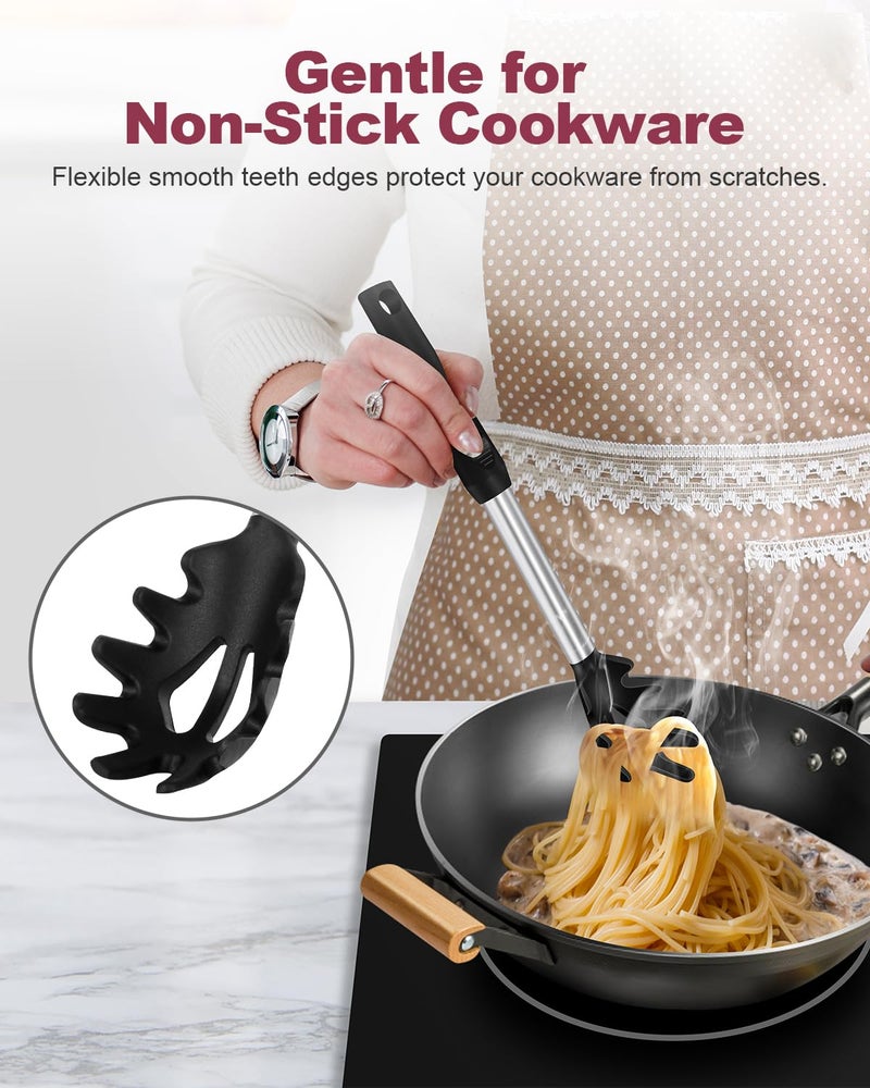 Zattic Silicone Spaghetti Spoon and Pasta Tong, Heat-Resistant Noodle Spoon Server, 13“ BPA-Free Spaghetti Strainer, Fork with Teeth and Stainless Steel Handle, Food-Grade Clip for Pasta, Black - Image 4