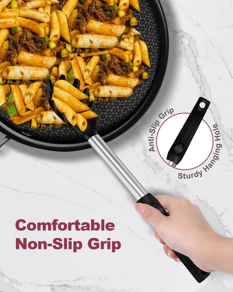 Zattic Silicone Spaghetti Spoon and Pasta Tong, Heat-Resistant Noodle Spoon Server, 13“ BPA-Free Spaghetti Strainer, Fork with Teeth and Stainless Steel Handle, Food-Grade Clip for Pasta, Black - Image 5