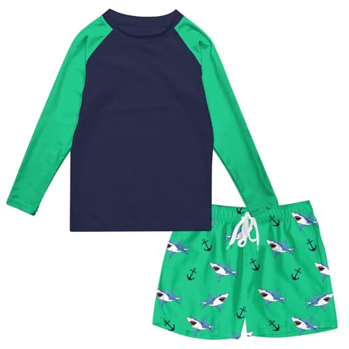 SunFocus Boys Shark Swimsuit with Rash Guard Kids 2 Piece Swim Sets Long Sleeve Bathing Suit with Swim Trunks Sun Protection Size 7-8 Green - Image 1