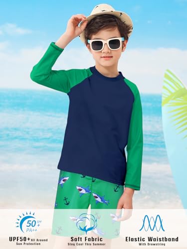 SunFocus Boys Shark Swimsuit with Rash Guard Kids 2 Piece Swim Sets Long Sleeve Bathing Suit with Swim Trunks Sun Protection Size 7-8 Green - Image 4