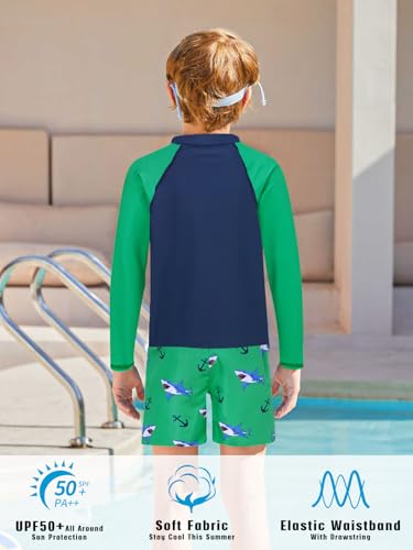 SunFocus Boys Shark Swimsuit with Rash Guard Kids 2 Piece Swim Sets Long Sleeve Bathing Suit with Swim Trunks Sun Protection Size 7-8 Green - Image 5