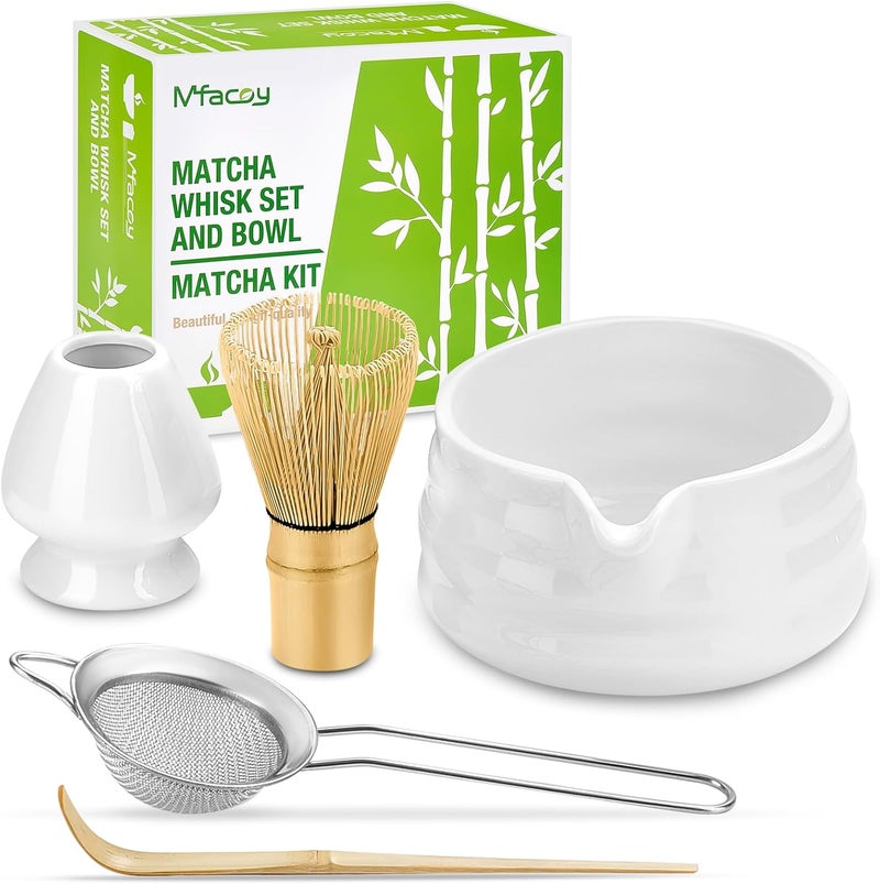 Mfacoy Matcha Whisk Set, Japanese Tea Set (5pcs) includes Matcha Bowl with Spout (19 oz), Bamboo Whisk and Matcha Scoop, Whisk Holder, Stainless Steel Sifter, Tea Making Tools, Matcha Kit - Image 1