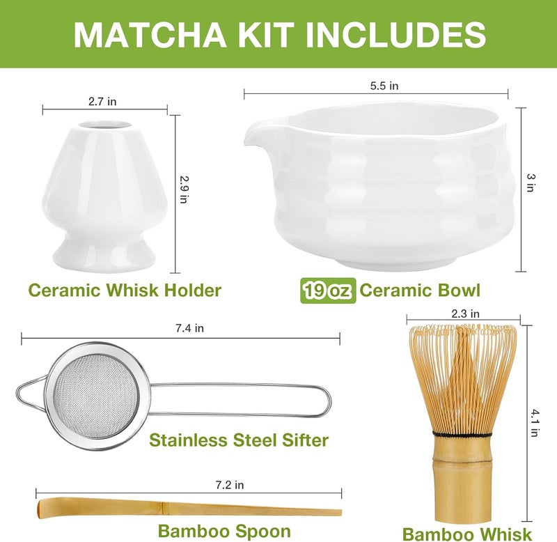 Mfacoy Matcha Whisk Set, Japanese Tea Set (5pcs) includes Matcha Bowl with Spout (19 oz), Bamboo Whisk and Matcha Scoop, Whisk Holder, Stainless Steel Sifter, Tea Making Tools, Matcha Kit - Image 2