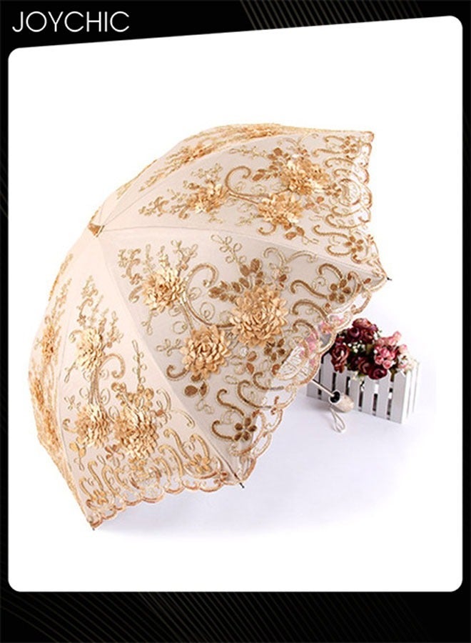 Joychic Women Anti-UV Sun And Rain Portable 3 Folding Travel Umbrella with Double Lace Embroidery Gold  - Image 1