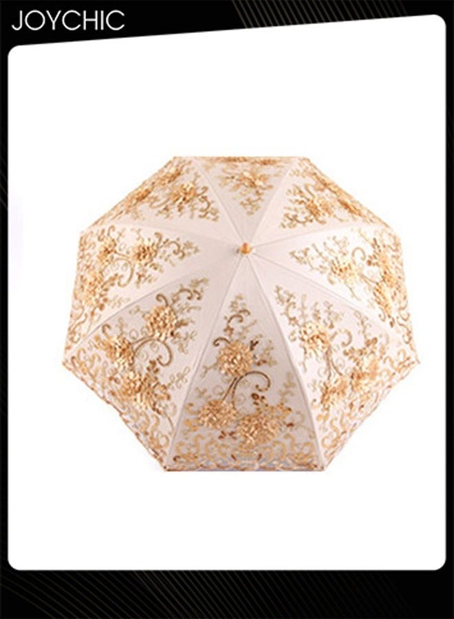 Joychic Women Anti-UV Sun And Rain Portable 3 Folding Travel Umbrella with Double Lace Embroidery Gold  - Image 3