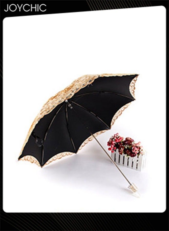 Joychic Women Anti-UV Sun And Rain Portable 3 Folding Travel Umbrella with Double Lace Embroidery Gold  - Image 2