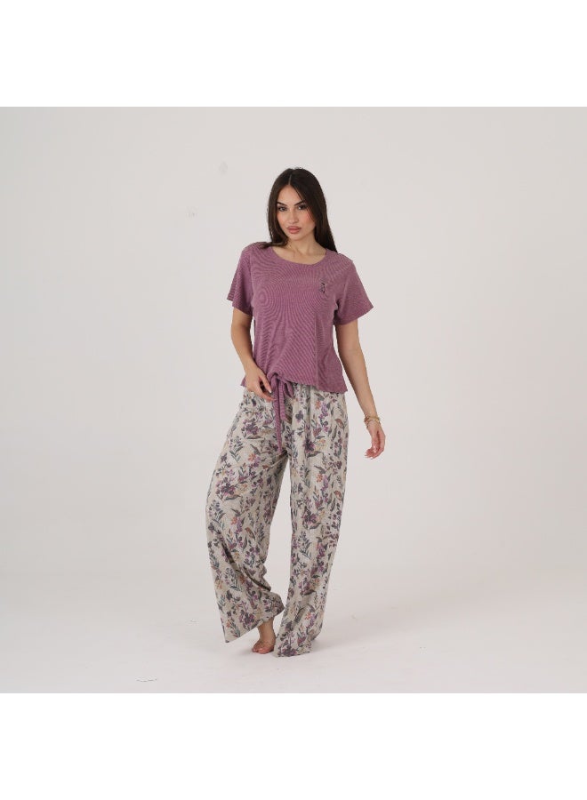 ZECOTEX Women's 2-Piece Ribbed Cotton Pyjama Set - Short Sleeve Embroidered Top with Drawstring Hem & Wide-Leg Printed Trousers - Image 2