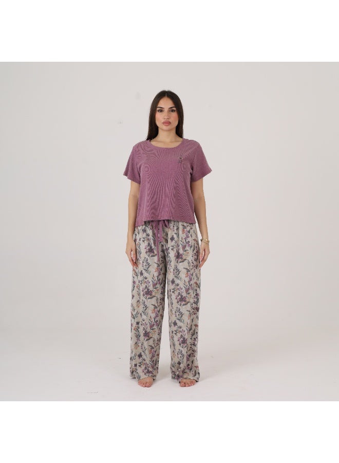 ZECOTEX Women's 2-Piece Ribbed Cotton Pyjama Set - Short Sleeve Embroidered Top with Drawstring Hem & Wide-Leg Printed Trousers - Image 1
