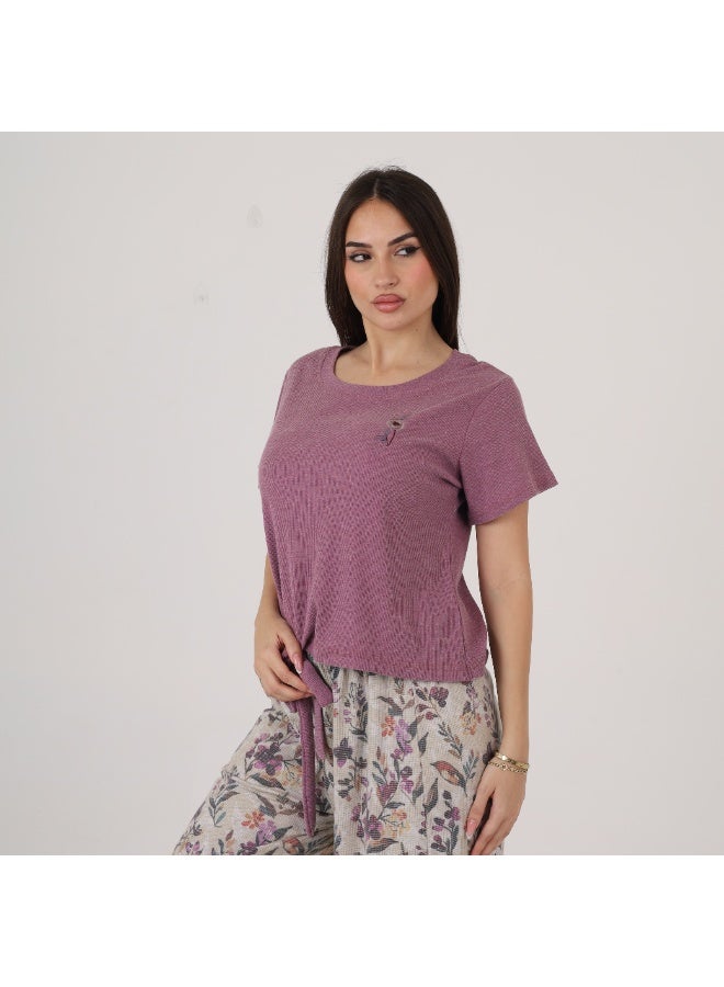 ZECOTEX Women's 2-Piece Ribbed Cotton Pyjama Set - Short Sleeve Embroidered Top with Drawstring Hem & Wide-Leg Printed Trousers - Image 5