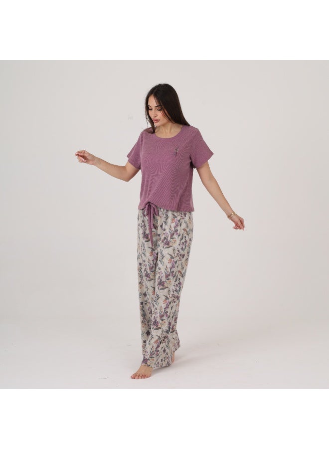 ZECOTEX Women's 2-Piece Ribbed Cotton Pyjama Set - Short Sleeve Embroidered Top with Drawstring Hem & Wide-Leg Printed Trousers - Image 3