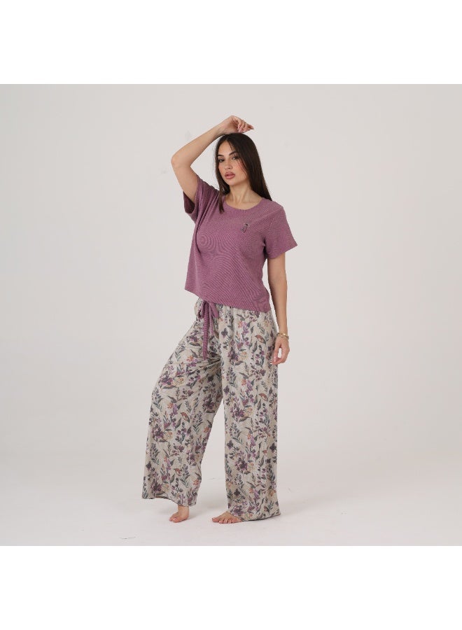 ZECOTEX Women's 2-Piece Ribbed Cotton Pyjama Set - Short Sleeve Embroidered Top with Drawstring Hem & Wide-Leg Printed Trousers - Image 4