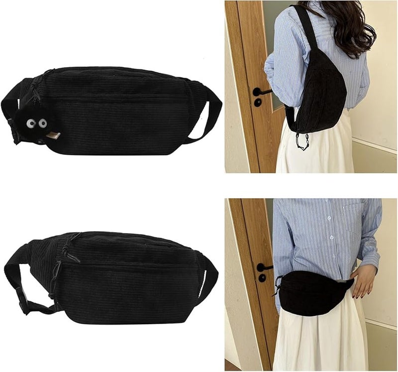 2023 Large Capacity Corduroy Waist Bag With Pendant Black Crossbody Chest Pack For Girl - Image 3
