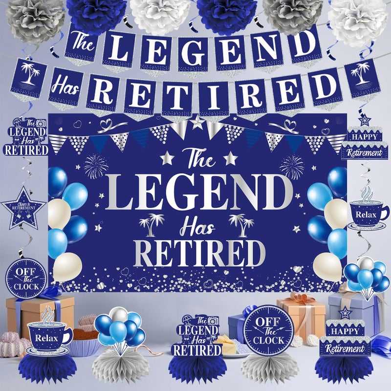 Uiorgui Retirement Party Decorations Blue Silver 20PCS Kit: Banner, Backdrop, Sash, Centerpieces, Hanging Swirls, Paper Pompoms - Image 4