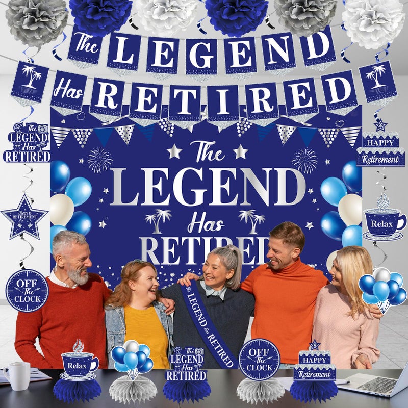 Uiorgui Retirement Party Decorations Blue Silver 20PCS Kit: Banner, Backdrop, Sash, Centerpieces, Hanging Swirls, Paper Pompoms - Image 5