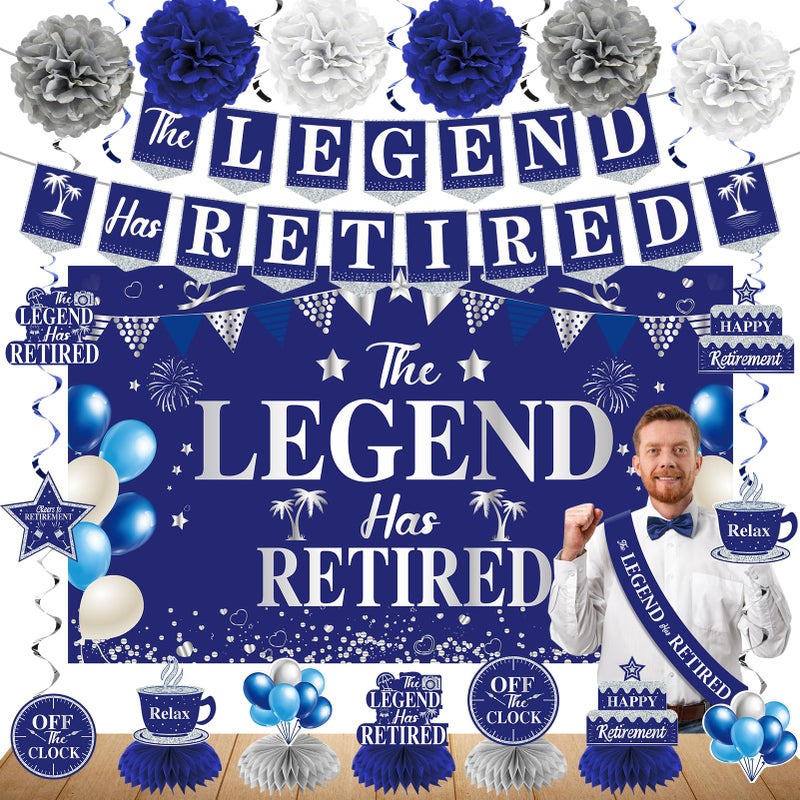 Uiorgui Retirement Party Decorations Blue Silver 20PCS Kit: Banner, Backdrop, Sash, Centerpieces, Hanging Swirls, Paper Pompoms - Image 1