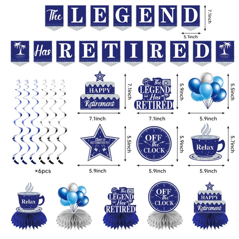 Uiorgui Retirement Party Decorations Blue Silver 20PCS Kit: Banner, Backdrop, Sash, Centerpieces, Hanging Swirls, Paper Pompoms - Image 2